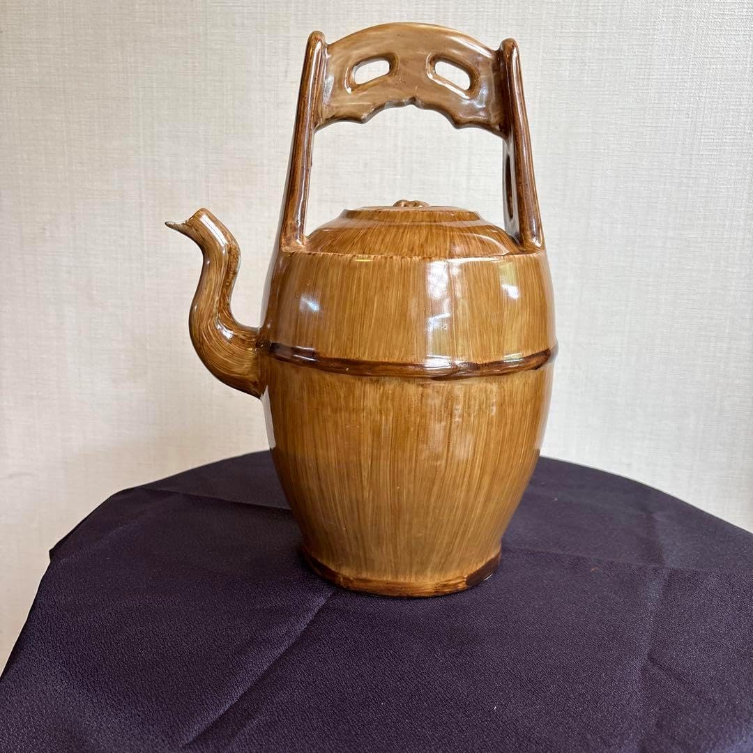 茶色 陶器製 茶釜 持ち手 中国製直径15㌢×20㌢持ち手